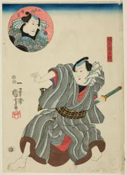 Los actores Ichimura Uzaemon XII como Goshaku Somegoro y Onoe Kikugoro III como Denkichi Tsuchizaemon (inserto)