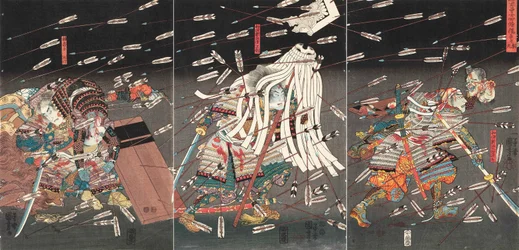 La última resistencia de los Kusunoki en Shijonawate Nanke yushi shijonawate nite uchijini, c. 1851