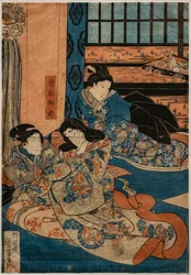 Tokiwa Gozen, amante de Minamoto no Yoshitsune, en una escena de Kabuki (xilografía sobre papel)