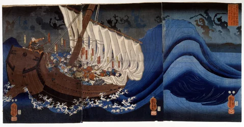 Yoshitsune Minamoto atacado por los espectros de los enemigos muertos. Pintura de Utagawa Kuniyoshi, principios del siglo XIX