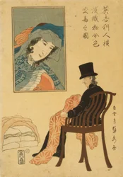 Comerciante inglés clasificando telas para el comercio en Yokohama, 1861