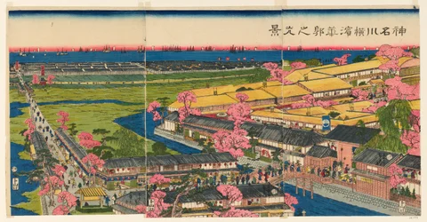 Vista Panorámica de los Barrios de Placer en Yokohama, Kanagawa (Kanagawa Yokohama hanakuruwa no kokei)