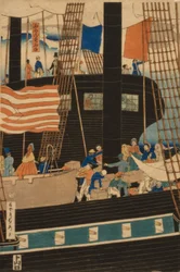 Comerciantes occidentales cargando mercancías en Yokohama, 1861