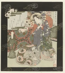 Cortesana se prepara para la noche Resplandor vespertino al extender la cama por primera vez Shikizome no sekishô (título sobre objeto) Ocho vistas del barrio cortesano (título de la serie) Kuruwa hakkei (título de la serie sobre el objeto)