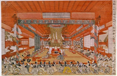 Ceremonia sintoísta que representa una ceremonia de adoración sintoísta, la religión más antigua de Japón. Grabado japonés de Utagawa Toyoharu (1735-1814). París, Museo Guimet, Museo de Artes Asiáticas.