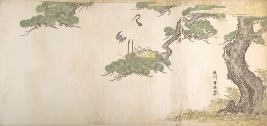 Grullas y sus crías en su nido en las ramas de un pino, ca. 1790