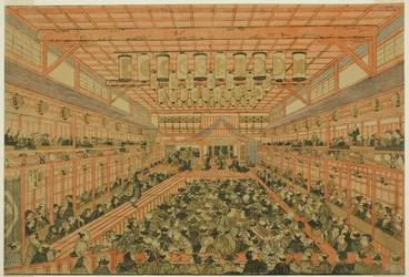 Imagen en perspectiva de un teatro Kabuki (Uki-e Kabuki shibai no zu)