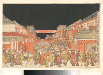 Estampa en perspectiva (Uki-e) de los teatros de Sakaichō y Fukiyachō en la noche de apertura