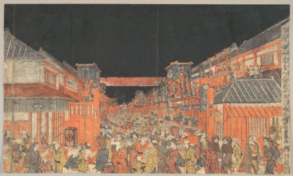 Vista de una representación teatral Kaomise en Sakaichō y Fukiyachō