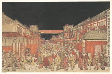 Vista de una representación kaomise en el teatro Yoshibai de Sakaichō Fukiyachō