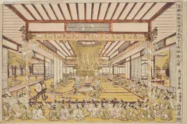 Ceremonia solemne en la gran sala / Uki-e Ise Daijingu Ryosho Daidai Mi-kagura no zu
