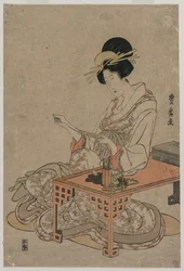 Cortesana sentada en una mesa de escritura, c. finales de 1790s