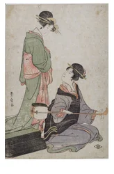 Dos Bijin, uno con Samisen, Periodo Edo