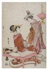 Dos figuras femeninas con abanicos