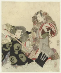 Ichikawa Danjûrô VII como Yoshimune no Munesada con abanico e Ichikawa Omezô en el papel de Sekibei con hacha