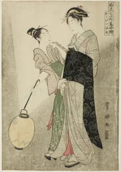 Cortejando a Komachi (Kayoi Komachi), de la serie Siete figuras a la moda de Ono no Komachi (Furyu nana Komachi yatushi sugata-e), c.1792 (xilografía en color; oban)
