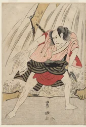 Kataoka Nizaemon VII e Ichikawa Yaozo III en una confrontación junto a una cascada