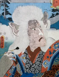 Retrato del actor de teatro Kabuki Morita Karya con máscara zoomorfa, impresión de arte ukiyo-e por Utagawa Toyokuni (1769-1825), xilografía, civilización japonesa, período Edo