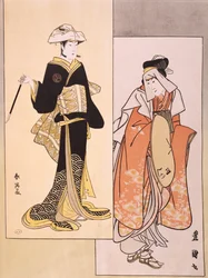 Retratos de actores en el escenario, circa 1794-1796, ukiyo-e de Shun-Yei (finales del siglo XVIII) y Utagawa Toyokuni (1769-1825), reproducción de xilografía, civilización japonesa, período Edo (1603-1868)