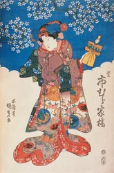 Mujer en kimono con marioneta y fondo decorado con flores de manzano