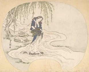 Una mujer se para en una roca en un arroyo lavando ropa, ca. 1828