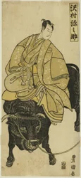 El actor Sawamura Gennosuke monta en buey como Sugawara no Michizane
