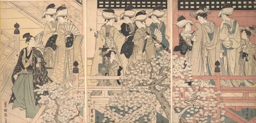 Bellezas en una veranda entre flores de cerezo de las que se está despidiendo un samurái, ca. 1800