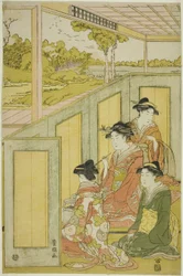 Damas tras el biombo de la mansión de un daimyo