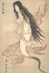 Onoe Matsusuke como el fantasma de la esposa asesinada Oiwa, en un relato de terror de Yotsu..., 1812.