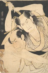 Los Actores Sawamura Sojuro III Sosteniendo una Espada en Alto, y Arashi Shichigoro III como Luchador