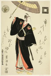 El actor Ichikawa Danjuro VI como Sukeroku en la obra "Omiura Date no Nebiki," representada en el Teatro Nakamura en el tercer mes, 1799