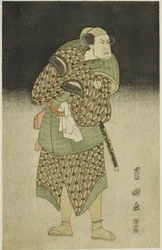 El actor Kataoka Nizaemon VII como Iyo no Taro disfrazado de Bantaro en la obra "Seiwa Nidai Oyose Genji," representada en el Teatro Miyako en el undécimo mes, 1796
