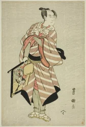 El actor Sawamura Sojuro III como el arriero Muchizo en la obra "Miyamairi Musubi no Kamigaki," representada en el Teatro Kiri en el undécimo mes, 1797