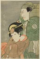 Los actores Kataoka Nizaemon VII como Iyo no Taro e Iwai Hanshiro IV como Kojoro-gitsune de Okazaki en la obra "Seiwa Nidai Oyose Genji," representada en el Teatro Miyako en el undécimo mes, 1796