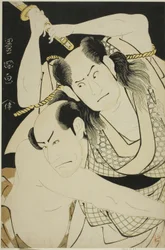 Los actores Sawamura Sojuro II como Satsuma Gengobei y Arashi Ryuzo II como Mawashi-otoko Yasuke en la obra "Edo Sunago Kichirei Soga," representada en el Teatro Miyako en el primer mes, 1795