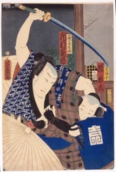 Ichikawa Kakitsu como Ishidome Busuke y Arashi Kichirodku como Sagihira (xilografía en color)