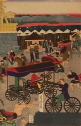 Sección floreciente de Nihonbashi en Tokio. Tríptico de Tokyo Nihonbashi han ei no zu
