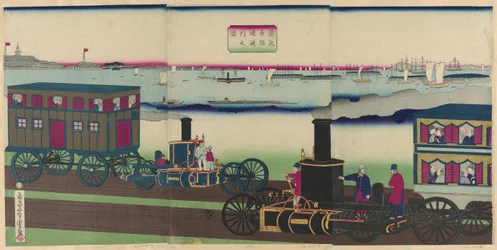 Imagen de locomotoras de vapor viajando (Jokisha rikudo tsuko no zu)