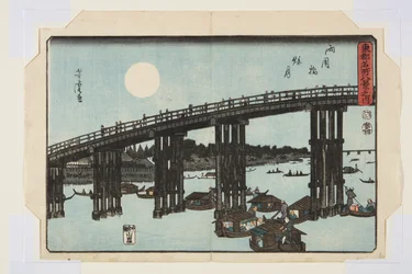 Puente de Ryogoku: Luna de otoño (Ryogokubashi Shugetsu) (grabado en madera en color)