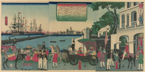 El puerto de Londres, Inglaterra (Igirisu Rondon no kaiko), de la serie "Colección de lugares pintorescos en tierras extranjeras (Bankoku meisho zukushi no uchi)"