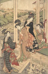 Grupo de mujeres en el Engawa de una casa de campo, en la época de la floración de los cerezos, ca. 1806