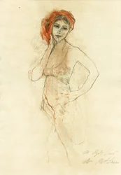 Mujer pensativa con turbante rojo