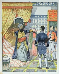 El Dey de Argel, Hussein ibn El Hussein golpea al embajador francés, M. Deval con un abanico, 27 de abril de 1827, portada de un libro de texto escolar, 1891