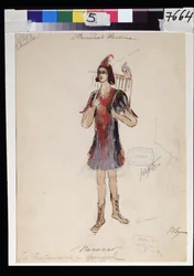 Diseño de vestuario para la ópera "Die Zauberflote" de W A Mozart (1756-1791). Obra de V.Bushina (principios del siglo XIX). Acuarela, gouache y oro sobre papel