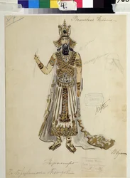 Diseño de vestuario para la ópera "Die Zauberflote" de W A Mozart (1756-1791). Obra de V.Bushina (principios del siglo XIX). Acuarela, gouache y oro sobre papel