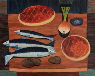 Naturaleza muerta con pan y pescado, 2020 (acrílico sobre lienzo)
