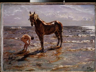 El baño del caballo. (Joven desnudo salpicando un caballo, otras dos figuras corren hacia el mar). Pintura de Valentin Alexandrovich Serov (1865-1911), óleo sobre lienzo