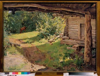 Paisaje con un caballo (residencia campesina). Pintura de Valentin Alexandrovich Serov (1865-1911), óleo sobre lienzo
