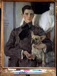 Retrato del Príncipe Felix Youssoupoff, Conde Soumarokov Elston (1887-1967), con un perro. (Retrato del príncipe Félix Yusupov, conde Sumarokov Elston, con un perro). Pintura de Valentin Alexandrovich Serov (1865-1911), óleo sobre lienzo