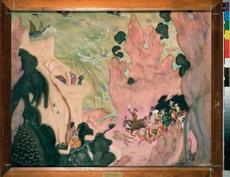 Telón preparatorio para el ballet ""Sheherazade"" (Scheherazade) de Nicholas (Nikolai) Rimsky Korsakov (Rimsky-Korsakov) (1844-1908). Obra de Valentin Alexandrovich Serov (1865-1911), acuarela y gouache sobre papel